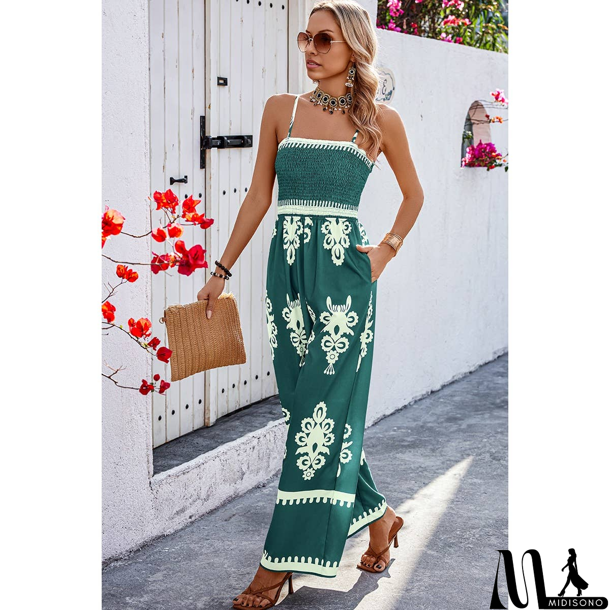 MidiSono - Off Shoulder Ruched Printed High Waist Jumpsuit