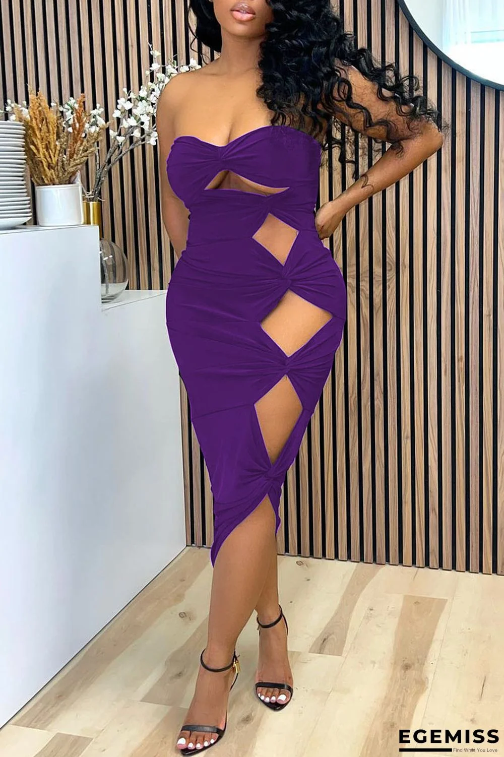 Purple Sexy Solid Hollowed Out Patchwork Strapless One Step Skirt Dresses | EGEMISS