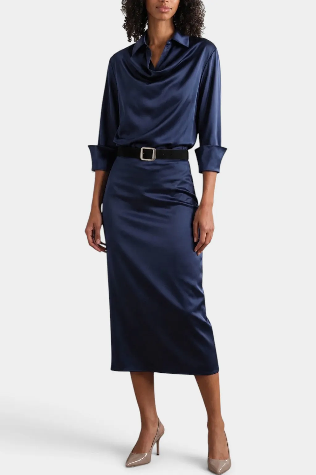 Draped Shirt-Collar Midi Dress with Belted Waist