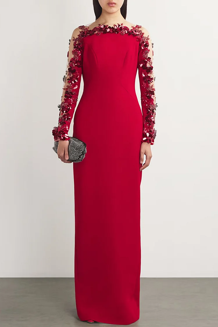 Mesh 3D Floral Beaded Rhinestone Maxi Dress-Red