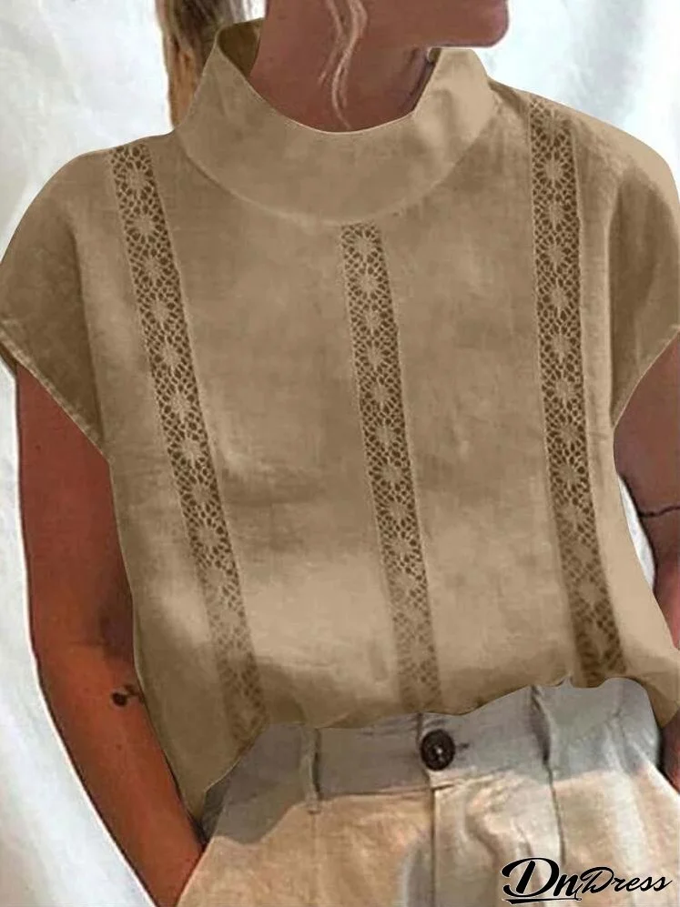 Women's Stand Collar Short Sleeve Linen Summer Casual Shirt