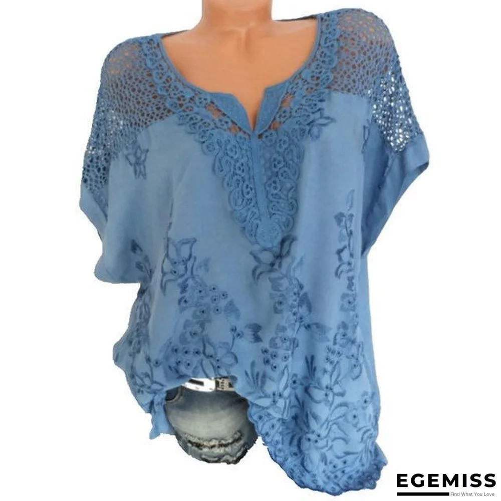 Large Size Women Short-sleeved Blouse V-neck Bat Sleeve Lace Blouse Tops | EGEMISS