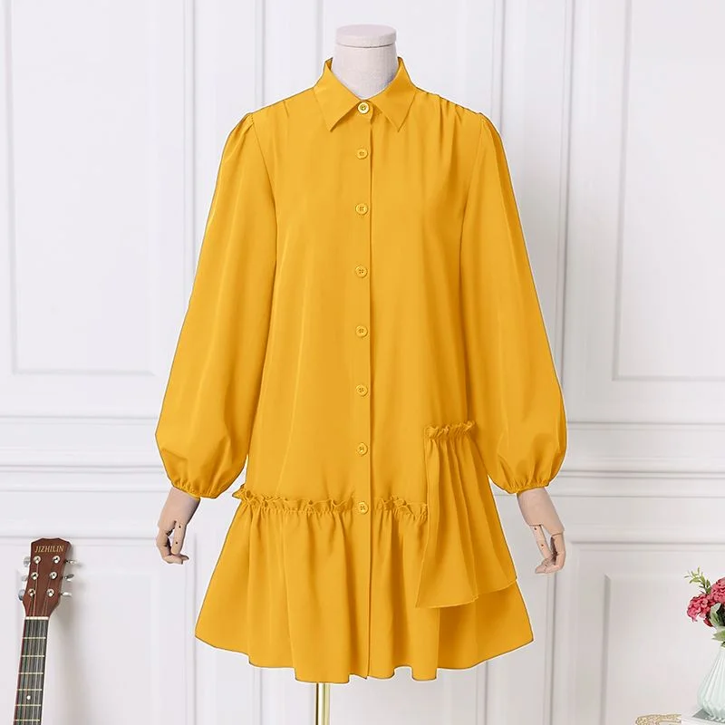 Autumn Long Sleeve Dress 2022 VONDA Women Casual Turn Down Neck Party Dress Ruffled Robe Femme Oversized Vestidos