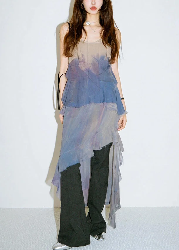 Chic Gradient Color Ruffled Low High Design Cotton Dress Sleeveless