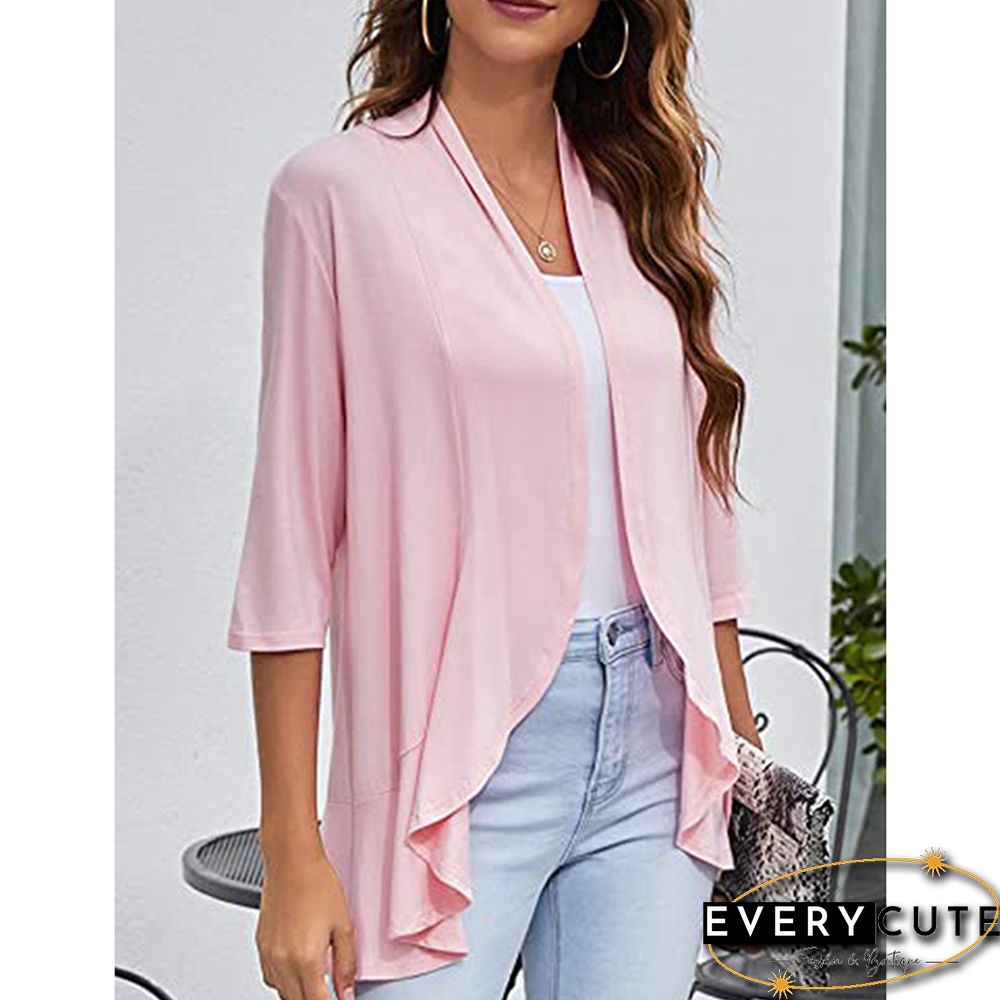 Pink 3/4 Sleeve Ruffle Detail Cardigan Top