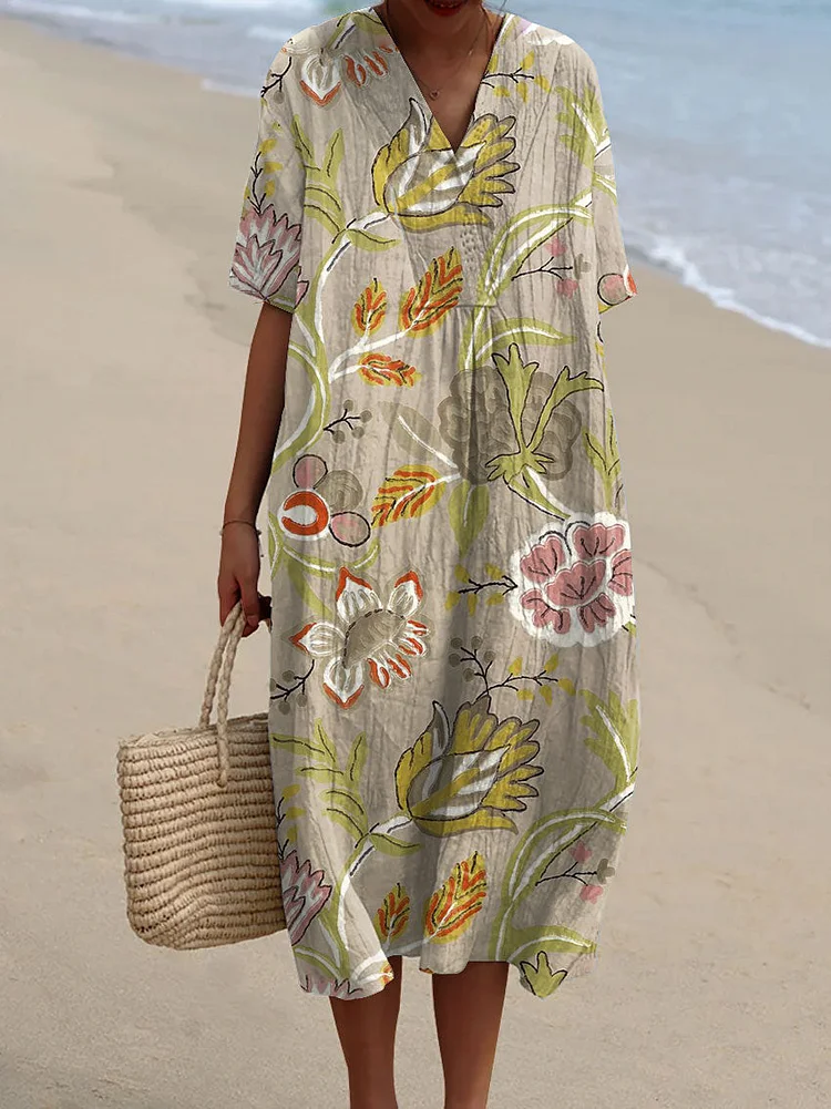 Women's Vintage Floral Art Print Sleeveless Cotton Pocket Wrap Dress