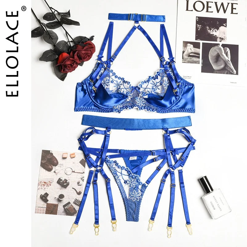 Ellolace Sensual Lingerie Erotic Halter Transparent Hollow Out Underwear Underwire Bra Lace Embroidery Bandage Exotic Sets
