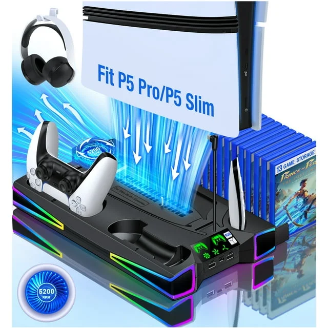 复制复制PS5 Stand Cooling Station for 2023 PS5 Slim,DinoFire Dual Fast PS5 Controller Charging Station,PS5 Accessories for Sony 2020 PS5 Digital/Disc Console