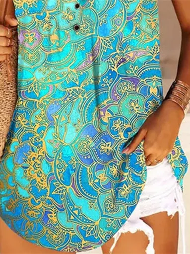 Women's Green Sleeveless V-Neck Graphic Printed Top