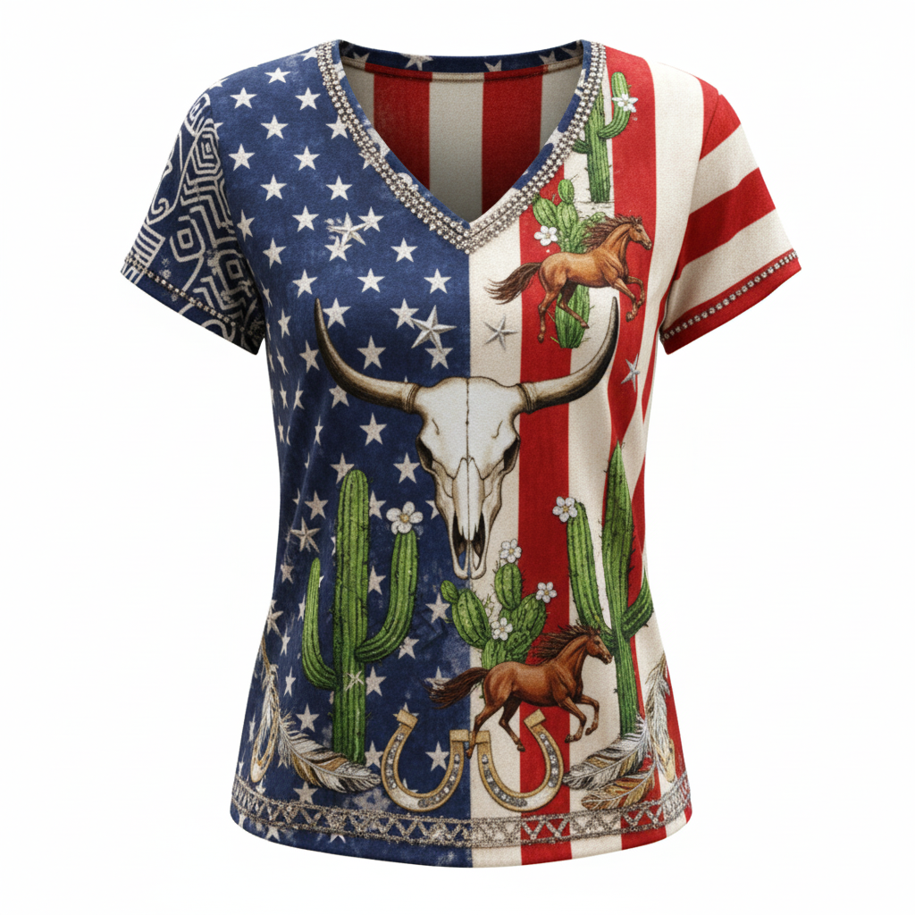 Women's Vintage American Flag 250th Anniversary Western Style Cowboy Bull Head Skull Cactus Short-Sleeve V-neck T-Shirt - Helixace