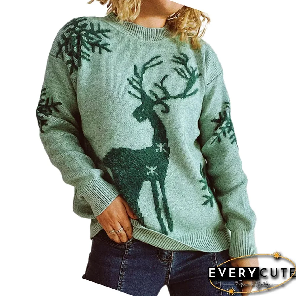 Green Deer Snowflake Print Jacquard Knit Christmas Sweater