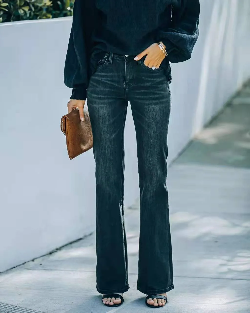 Women's Denim Flare Pants Slim Fit High Waist Black Jeans