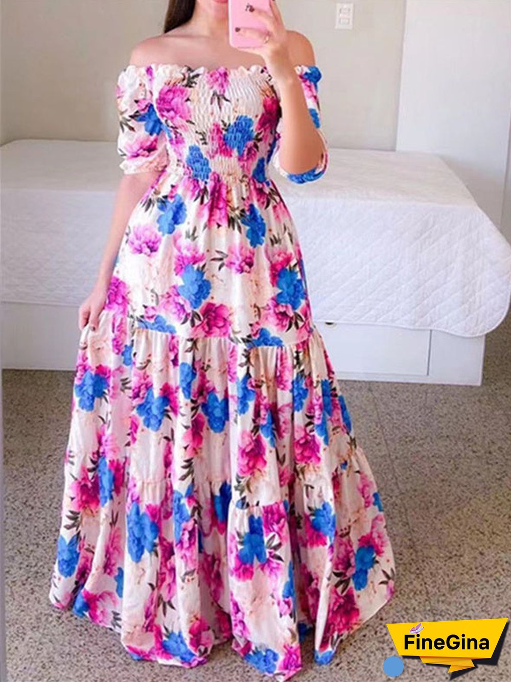 Women Sleeveless Off-shoulder Floral Printed Dress