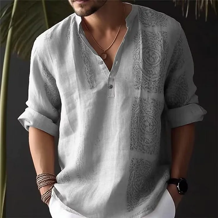 Men's Printed Loose Stand Collar Long Sleeve Shirt