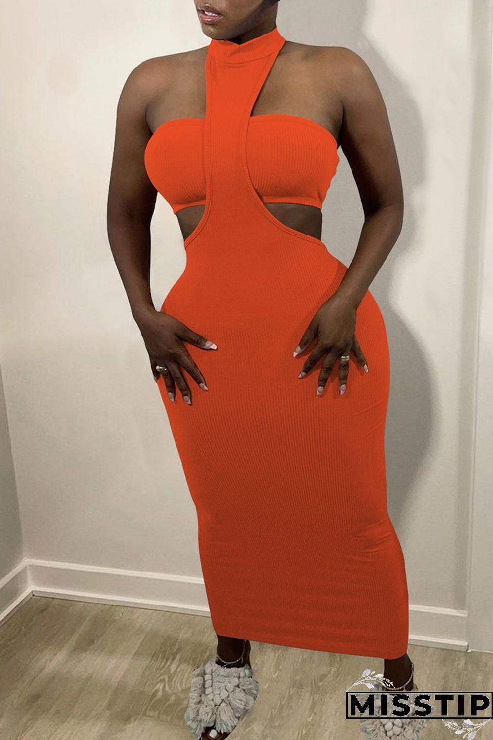 Orange Fashion Sexy Solid Hollowed Out Backless O Neck Sleeveless Two Pieces