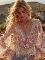 Bohemian Pink Rose Sequin Crinkle Romantic V-neck Long Sleeve Top