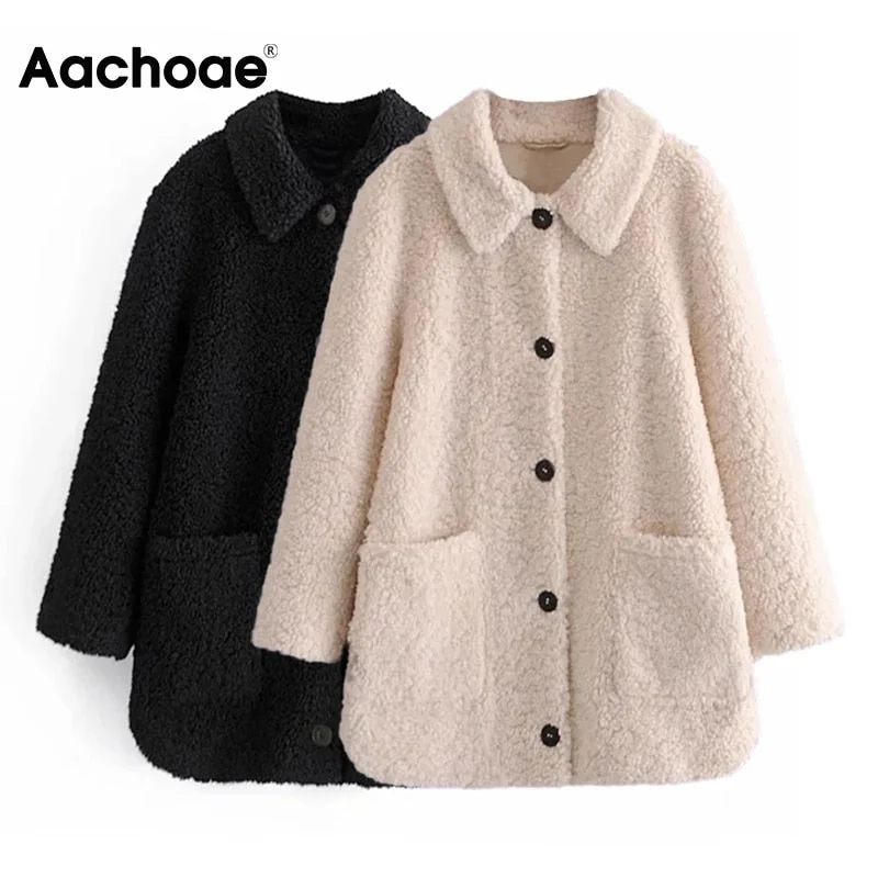 Aachoae 2021 Autumn Spring Casual Solid Lamb Fur Coat Women Long Sleeve Lady Fashion Pocket Jacket Turn Down Collar Teddy Coat