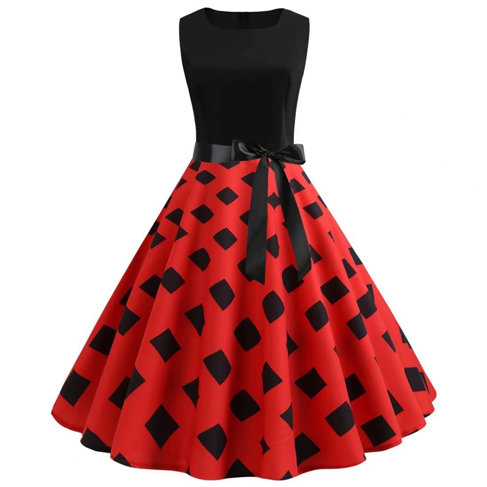 Womens Dresses Summer Women Retro Sleeveless Round Neck Polka Dot Print Large Swing Dress платье женское летнее