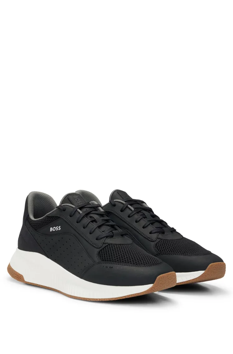 BOSS® Mesh-trimmed leather lace-up sneakers