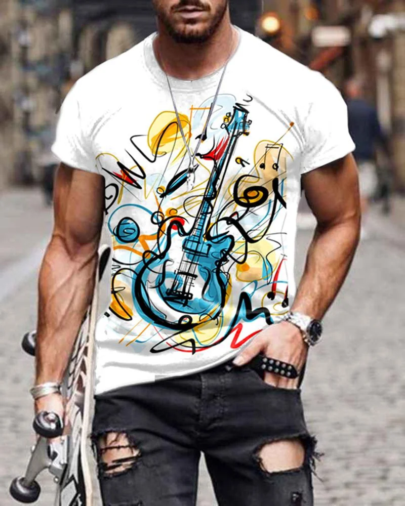 Slim-fit Short-sleeved Graffiti Guitar Pattern Casual T-shirt