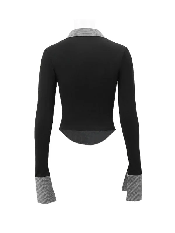 Brownm Vintage Stripe Splice Polo Neck Long Sleeve Blouse