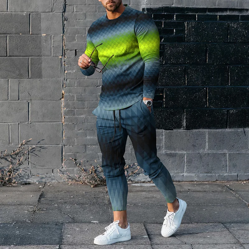 Fashion Men's Geometric Multi Color Gradient Long Sleeve T-Shirt And Pants Co-Ord