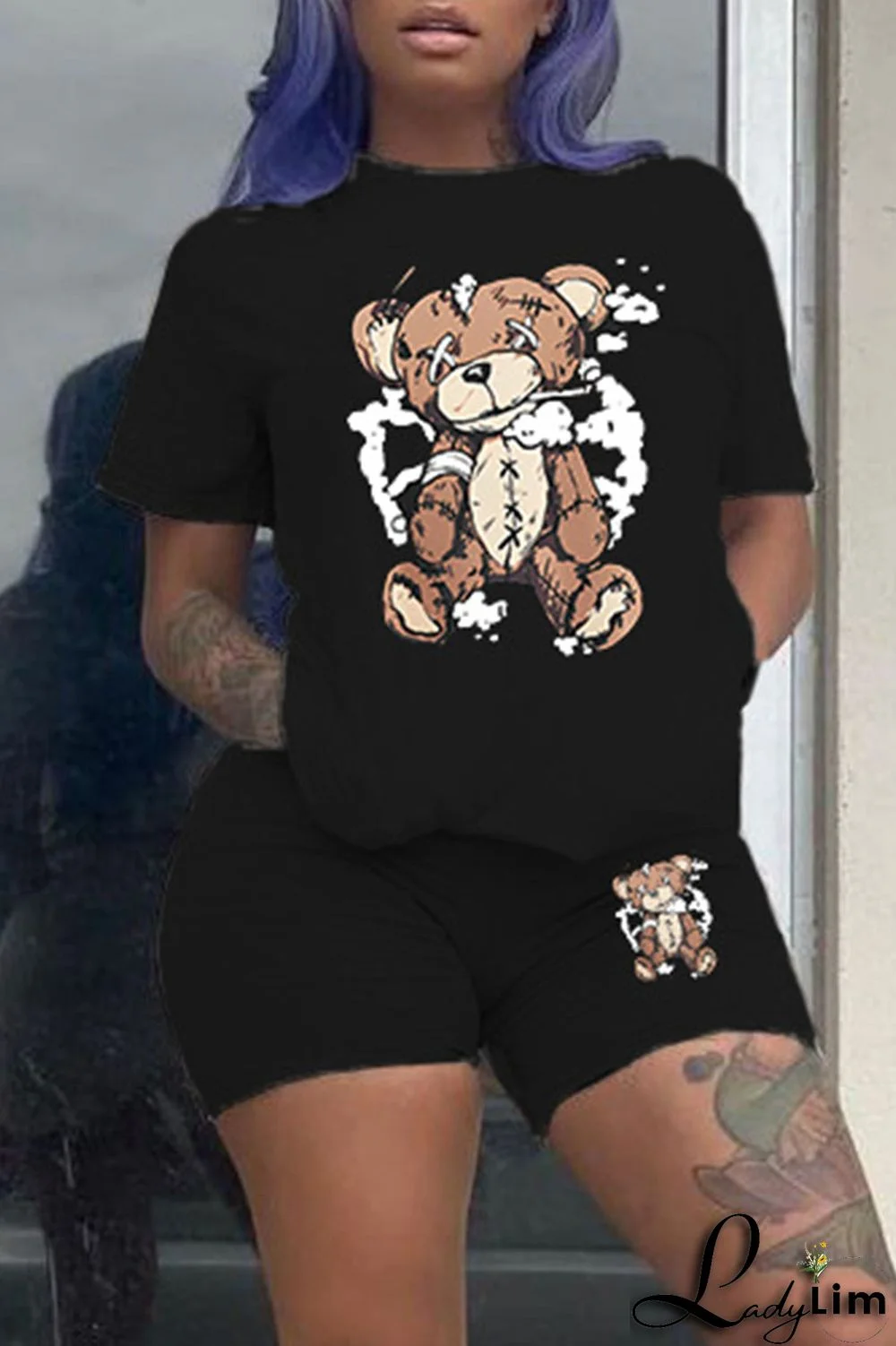 Purple Casual Print Patchwork O Neck Short Sleeve Two Pieces