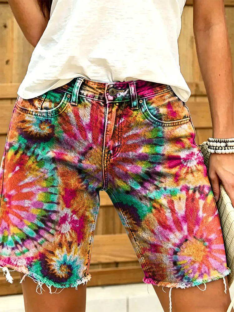 Ethnicity Tie Dye Women's Art Print Casual Denim Shorts