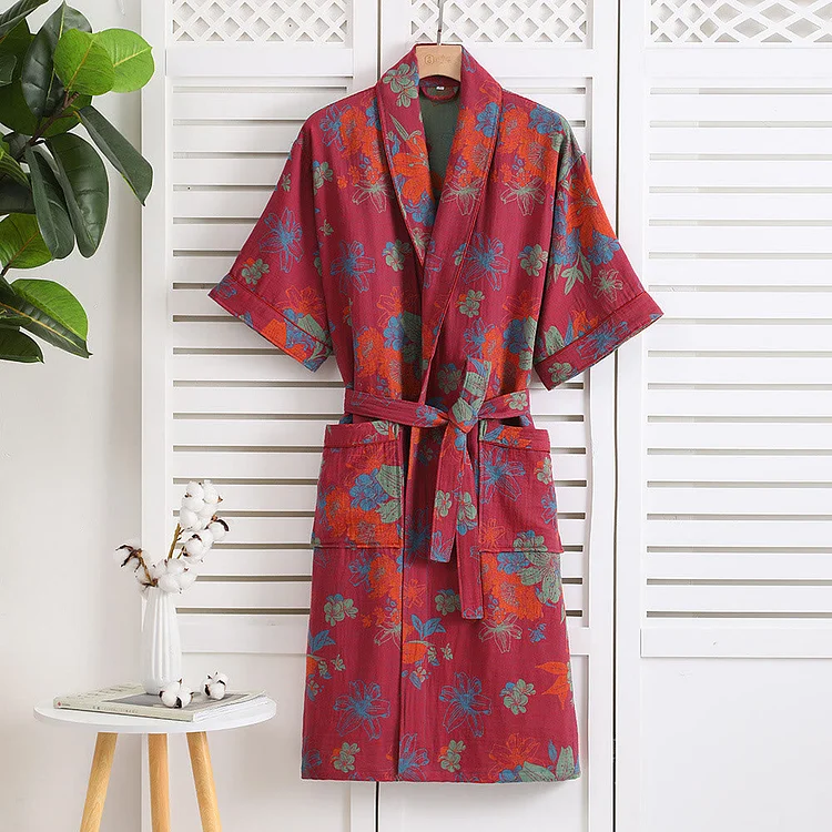 Cotton Gauze Floral Short Sleeve Robe Radinnoo.com