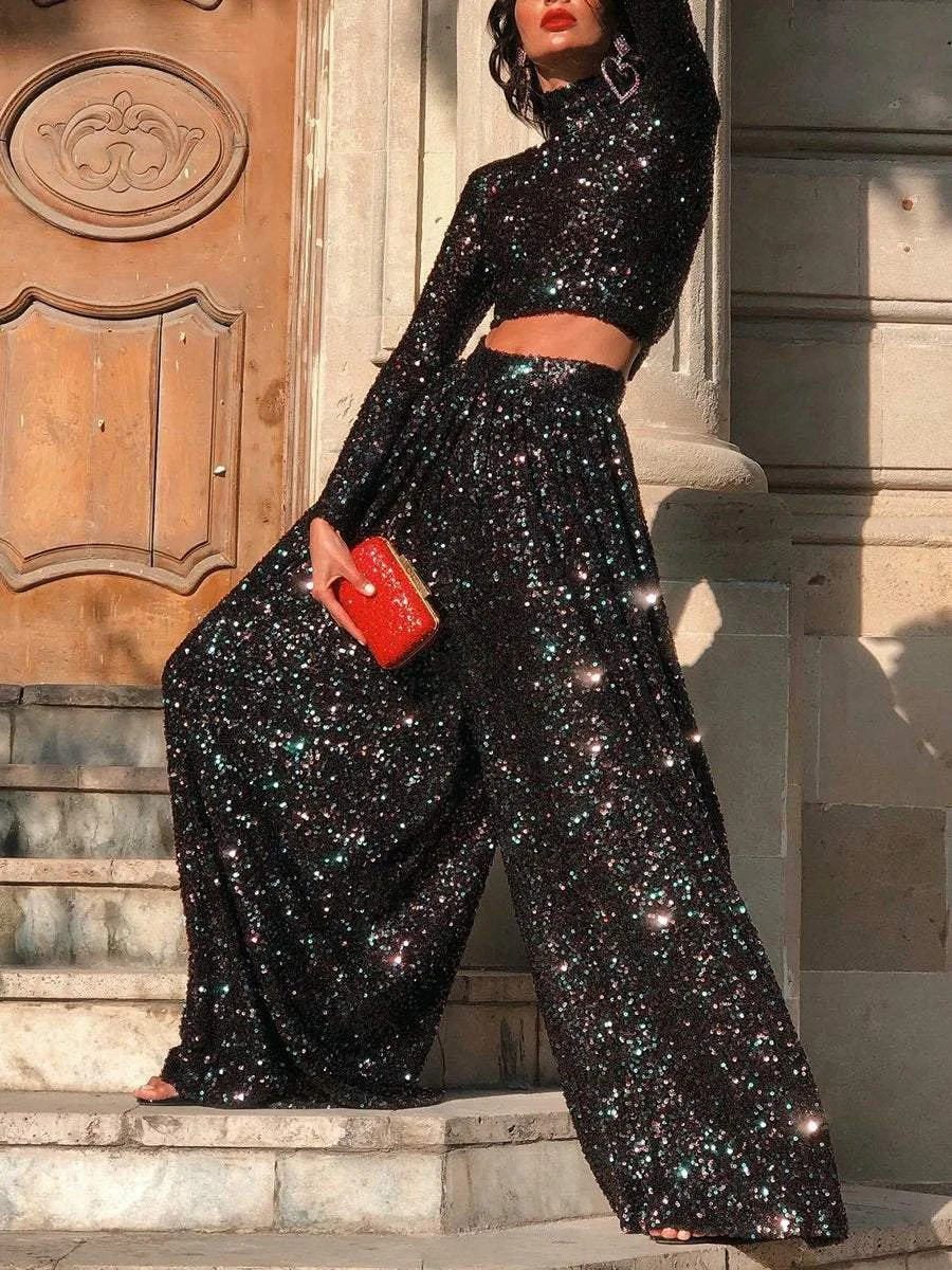Sequin suit with long-sleeved cropped top & wide-leg pants