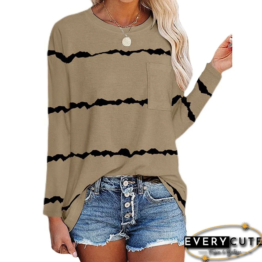 Khaki Striped Print Pocket Long Sleeve Top