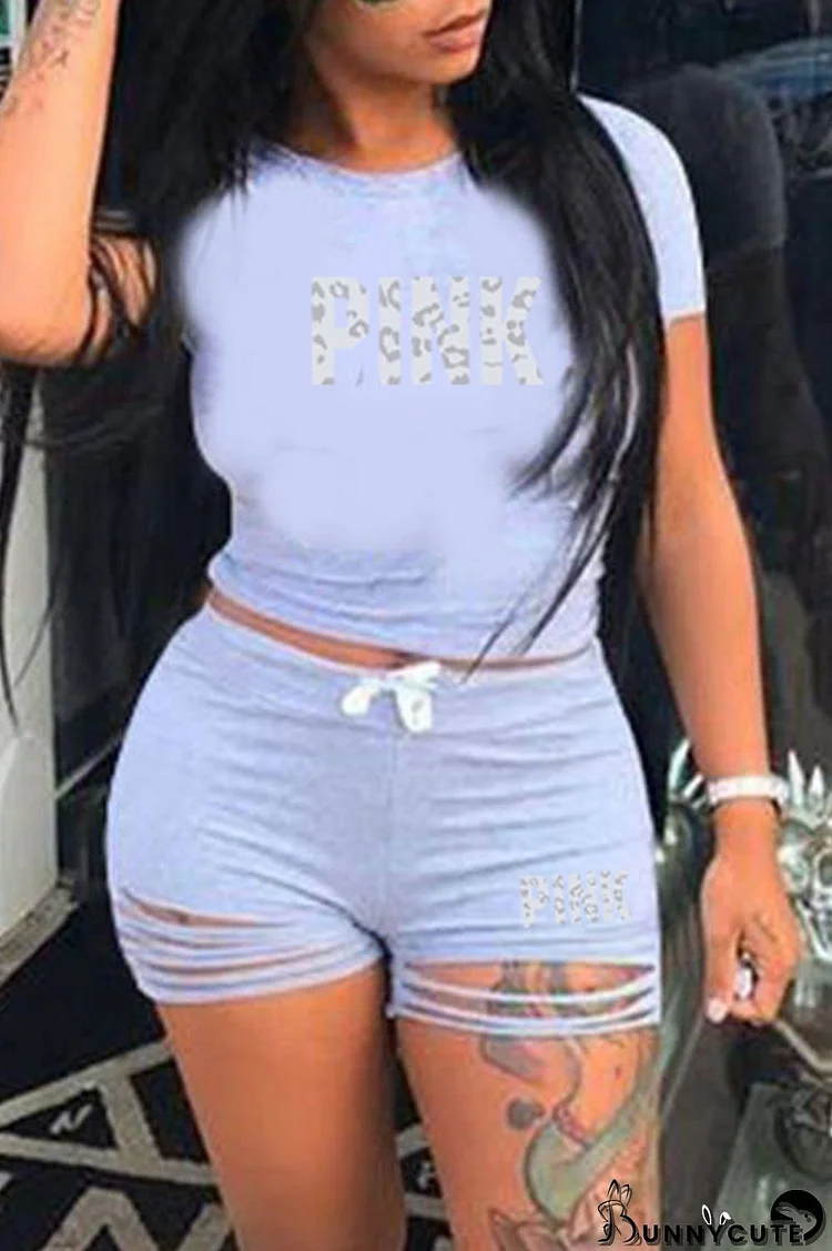 Grey Fashion Casual Letter Print Ripped O Neck Short Sleeve Two Pieces