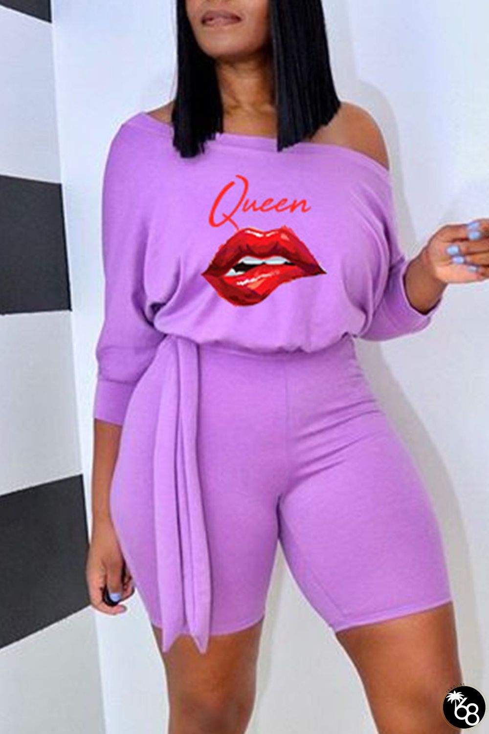 Purple Casual Print Bandage Patchwork Off the Shoulder Straight Rompers | 168DEAL