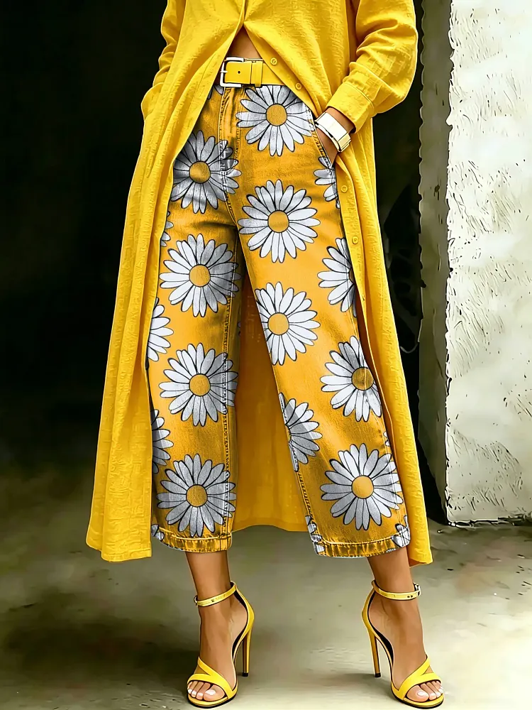 Women's Vintage Floral Art Casual Wide Denim Pants