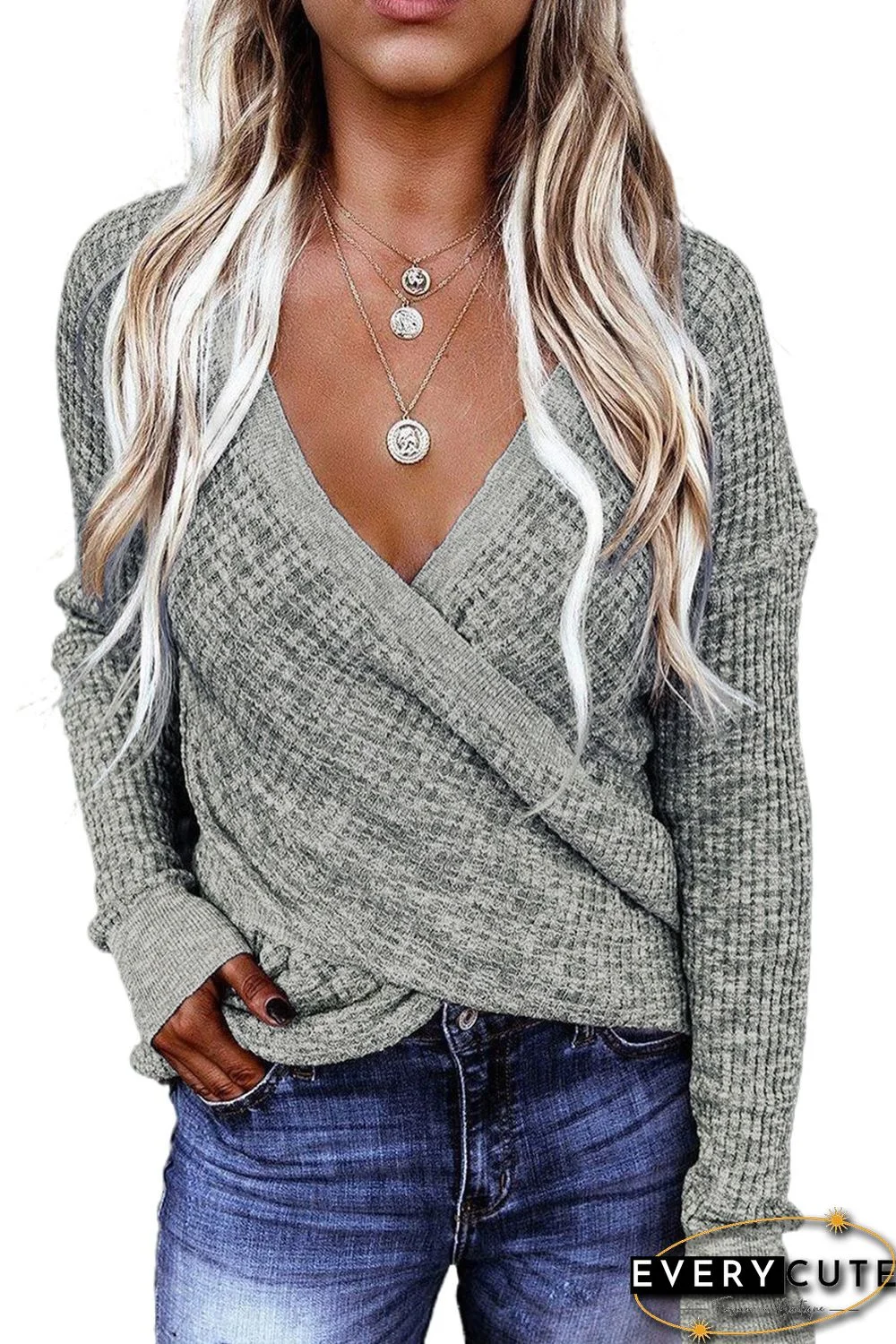 Gray Deep V-neck Long Sleeve Knit Sweater