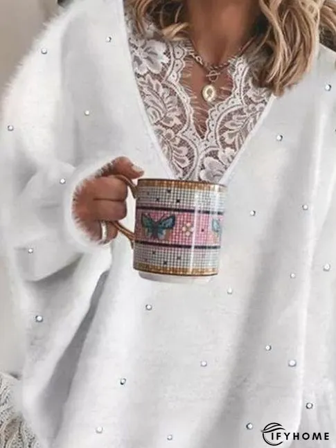Women's Sweaters Lace Stitching Beaded V-Neck Long Sleeve Sweater | IFYHOME