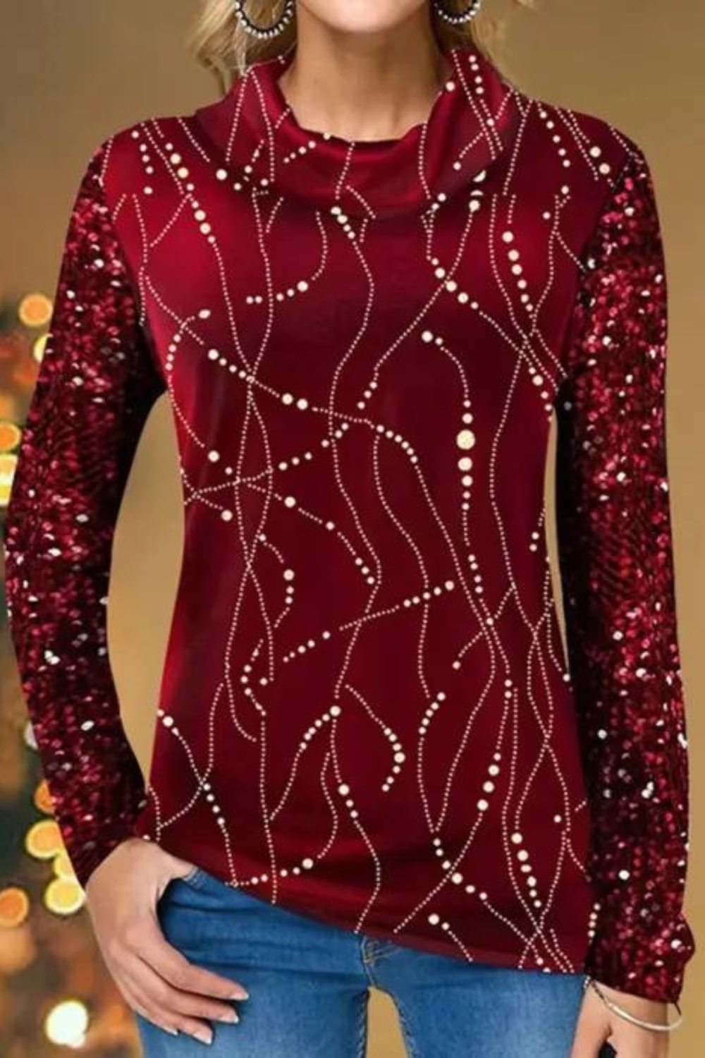 Women's Turtleneck Top Fashion Sequined Long Sleeve Printed Blouses & Shirts