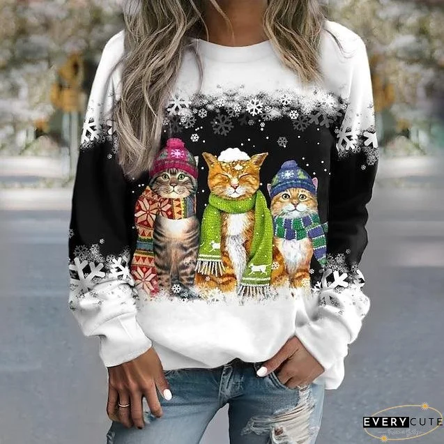 Women's Pullover Christmas Sweatshirt Cat Snowflake Sportswear