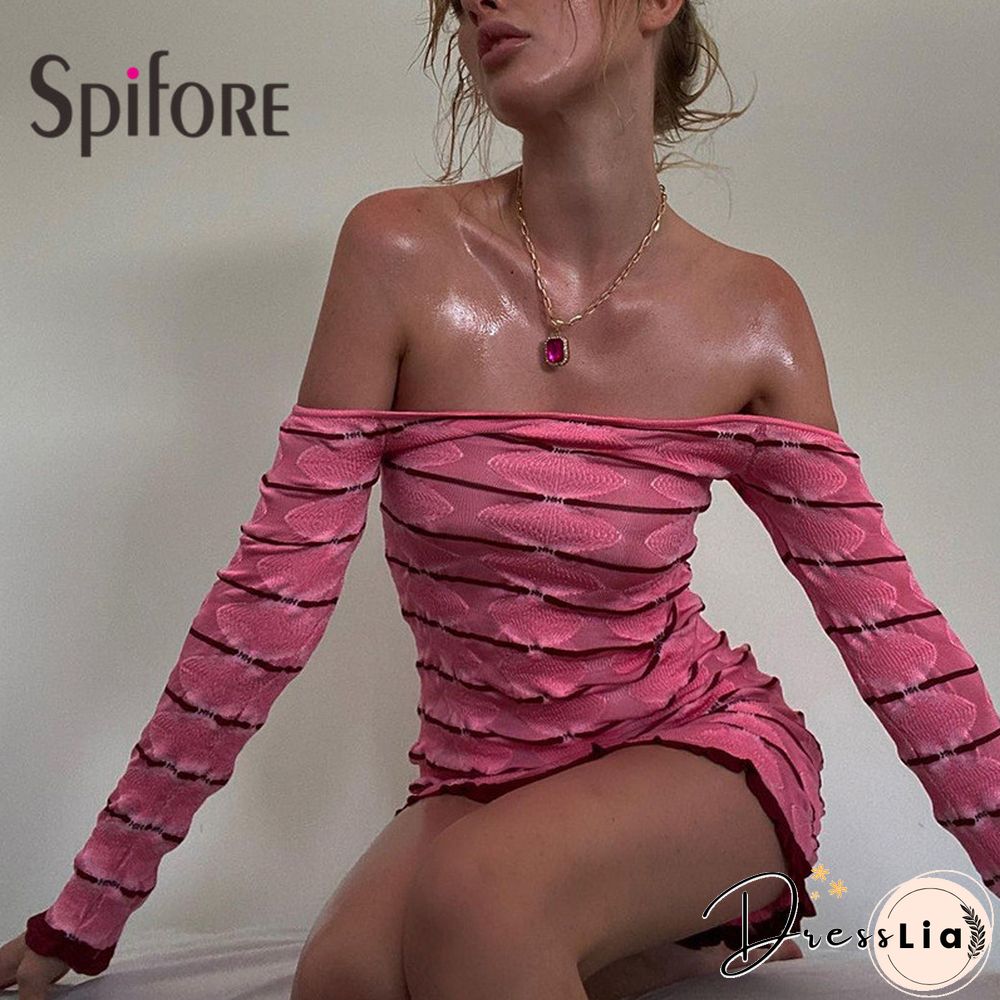 Spifore Off Shoulder Sexy Mini Dress Slash Neck Long Sleeve Bodycon Ladies Outfit Clubwear Party Stretch Knitted Vestidos Winter