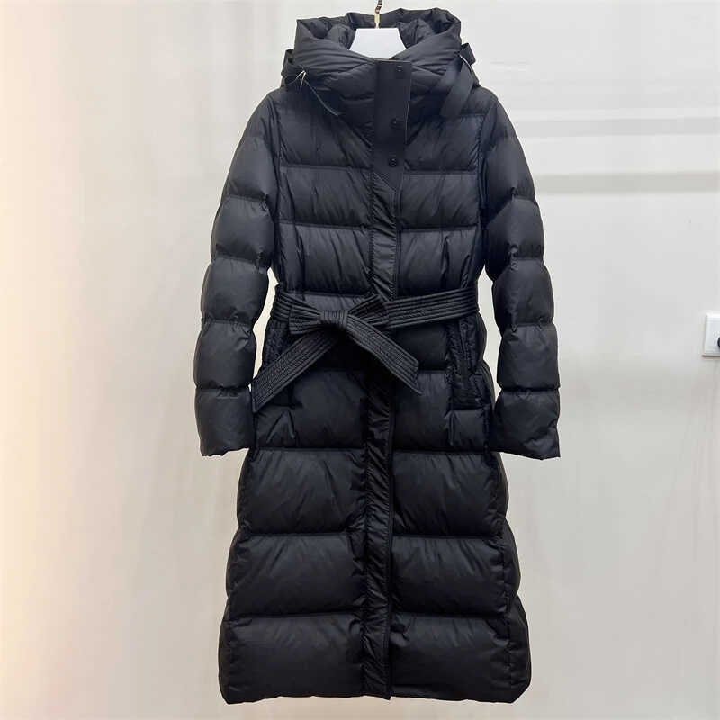 Woherb Autumn Winter New Down Jacket Female Long Money Slim Over The Knee Hoodie Waist Show Thin Belt Money Warm Coat Tide-Outfit Ideas