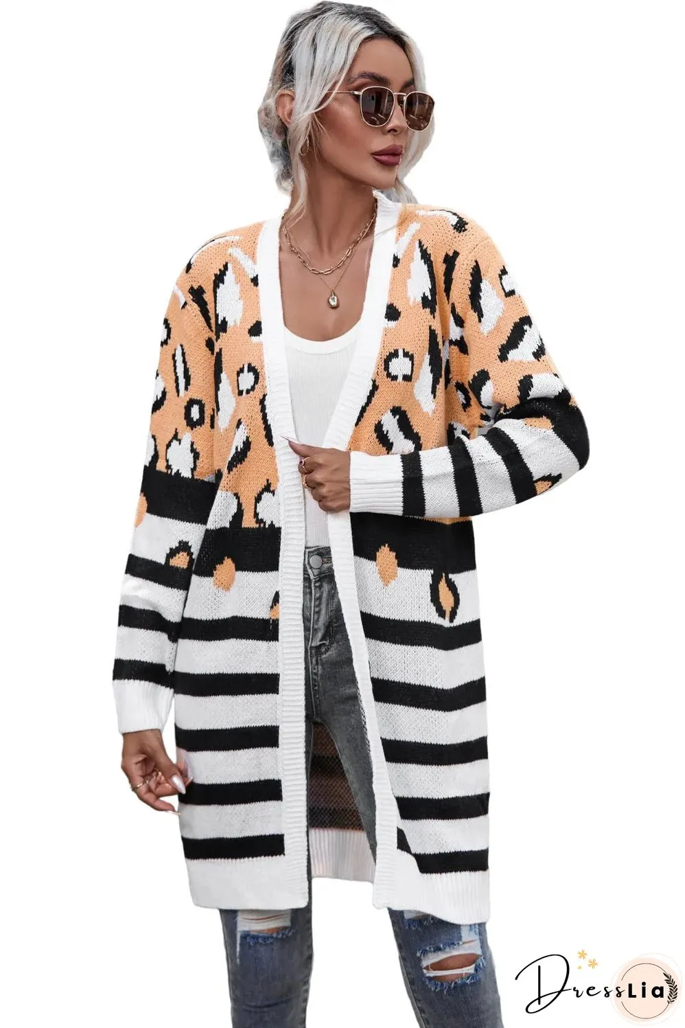 Brown Leopard Striped Mixed Print Open Front Cardigan