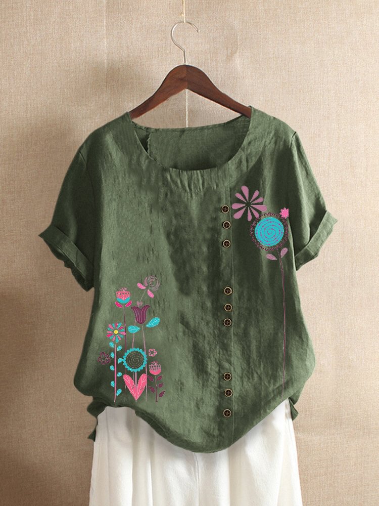 Floral Printed O Neck Short Sleeve Button T shirt For Women P1669263