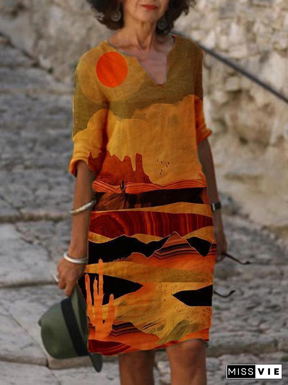 Women V-Neck Printed Short Sleeve Dress