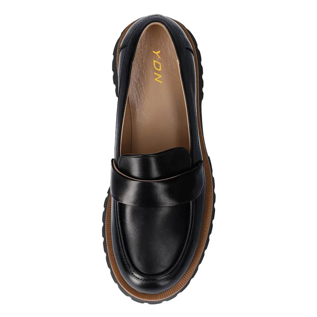 YDN Black Vegan Leather Round Toe Pull-On Chunky Loafers Women