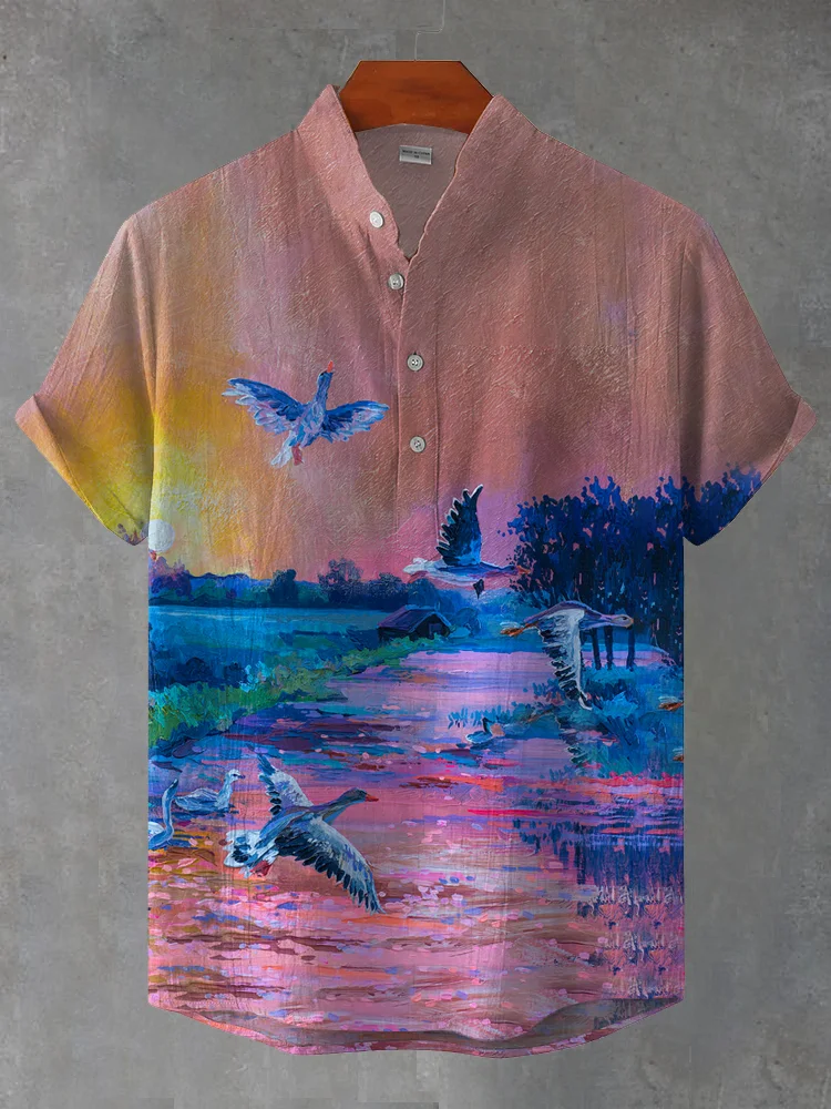 Oil Painting Art Linen Blend Henley Shirt
