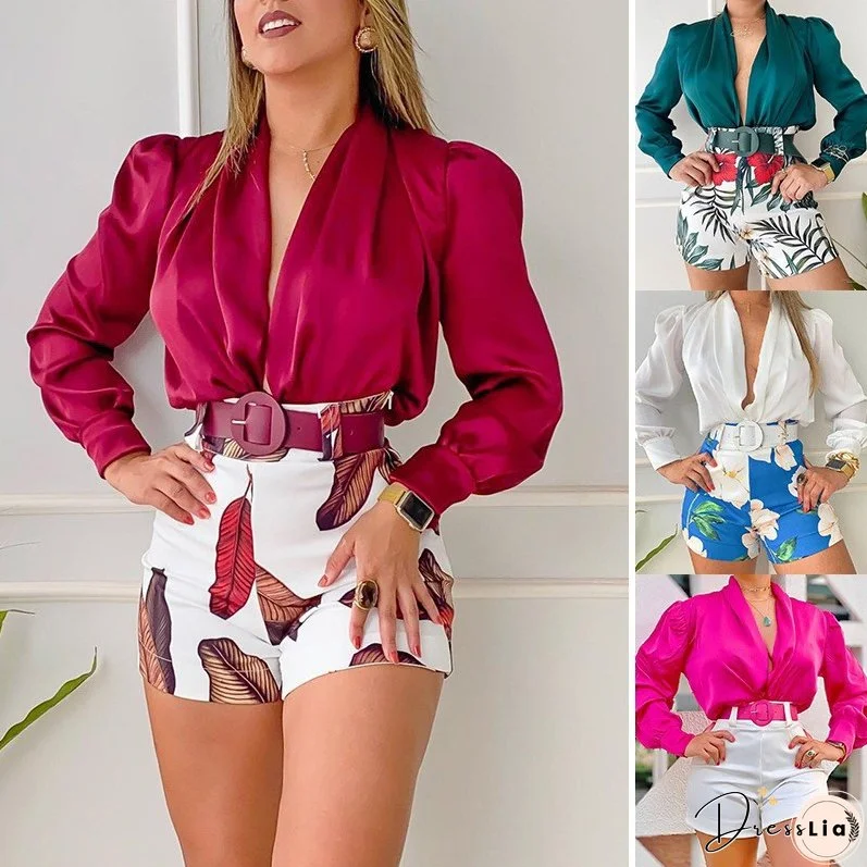 Spring Women's Casual Suit V-Neck Long Sleeve Solid Color Shirt Top Printed Shorts Two-Piece Set