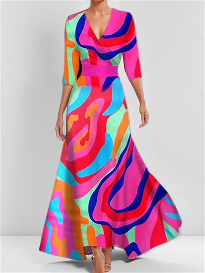 Women's Dress New Temperament Waist Slim Printed V-neck Long-sleeved Dresses-JRSEE