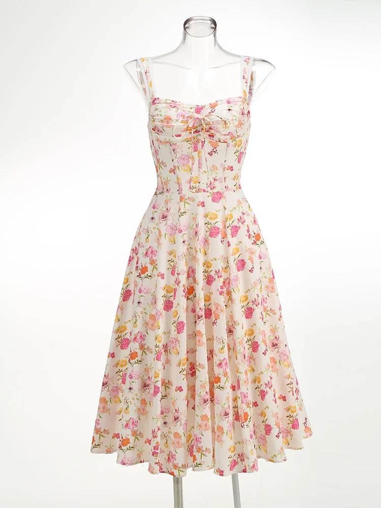 Woherb Hot Sale Of New Sexy Slings Print Dress Mid-Length Dress High-End Temperament Thin Tie Dress Dress Dress Dress