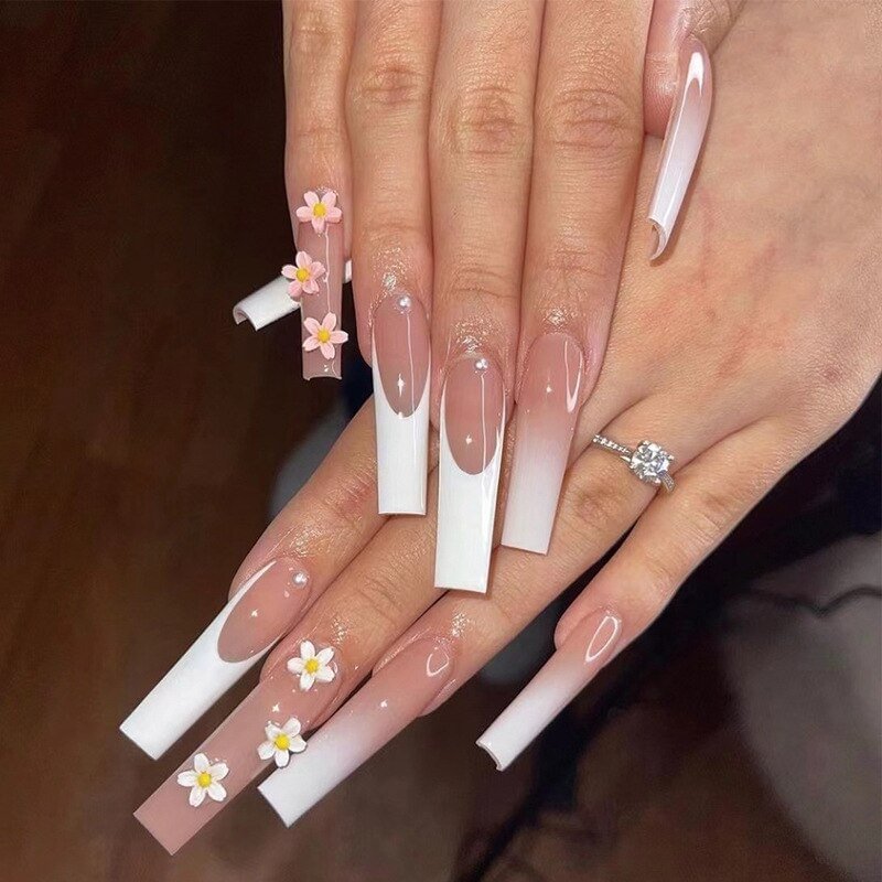 Agreedl French Long Ballet Fake Nails With Flower Decoration Design Detachable Press On Nails ABS Gradient Nail Art Tips Tools
