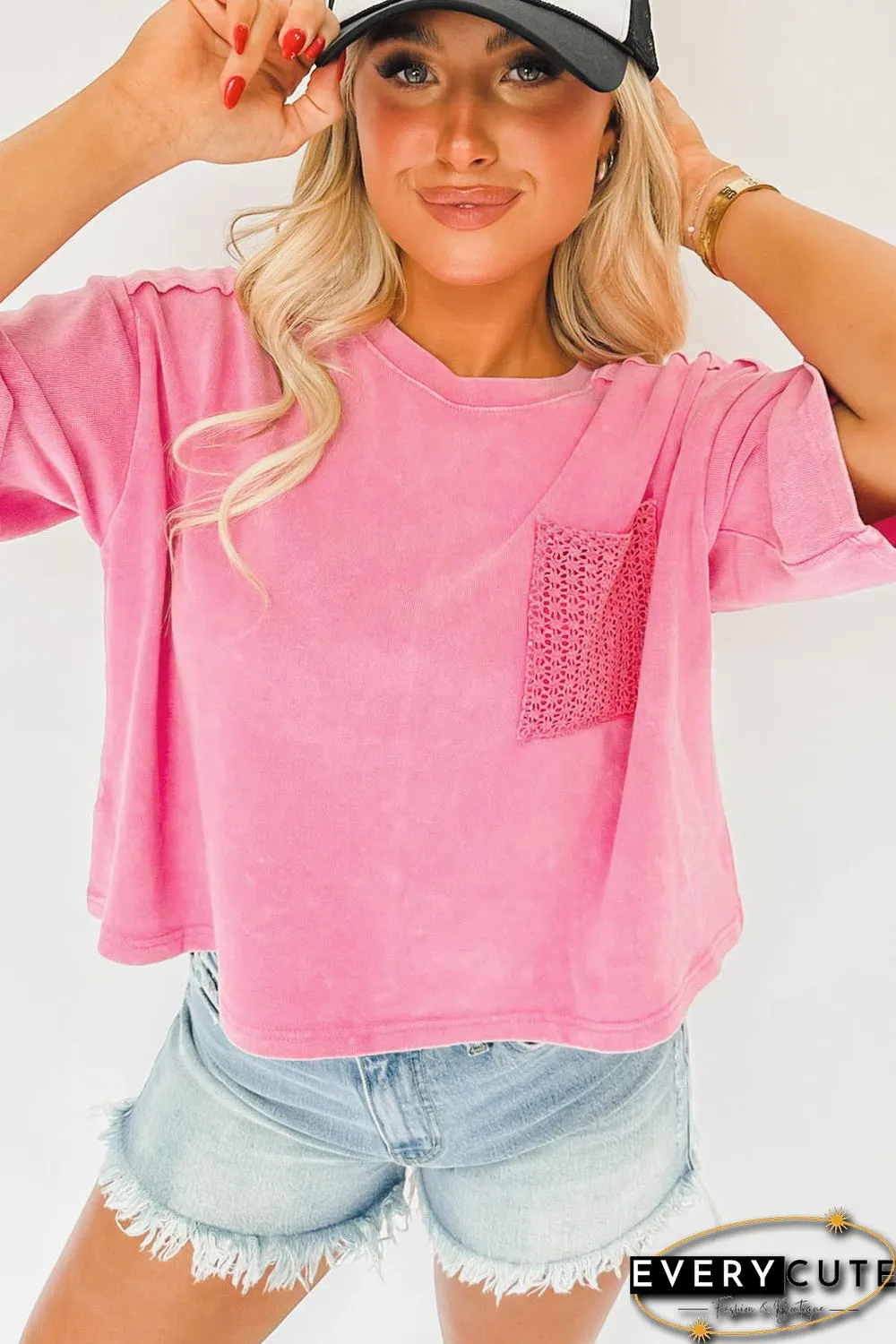 Pink Acid Wash Lace Patch Pocket T-Shirt
